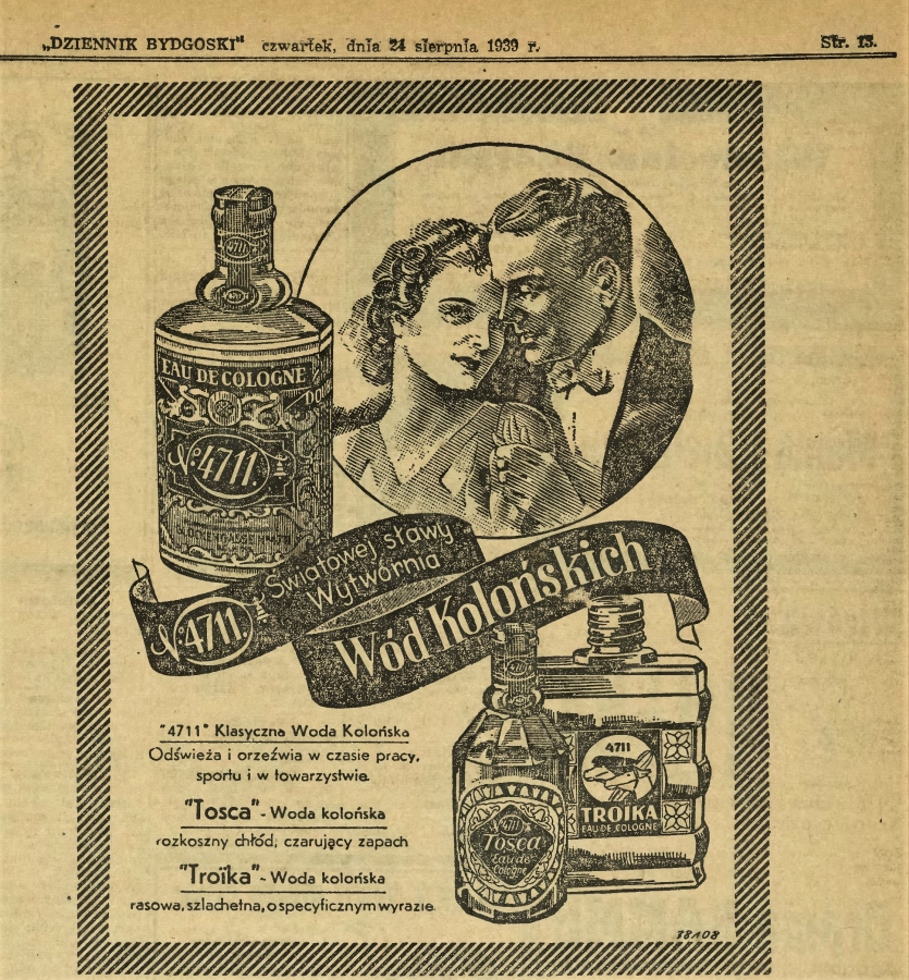 Reklama wody kolońskiej z 1939 roku (Źródło: Dziennik Bydgoski 24 sierpnia 1939, https://kpbc.umk.pl/Content/186369/publikacja39193.pdf)