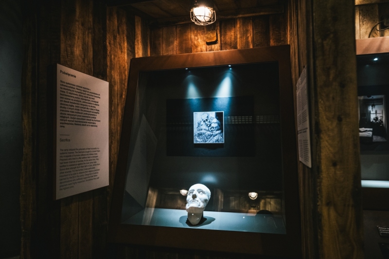 Gipsowej maska pośmiertna ks. Stefana Wincentego Frelichowskiego w części ekspozycji poświęconej życiu w obozach koncentracyjnych na wystawie głównej Muzeum II Wojny Światowej w Gdańsku