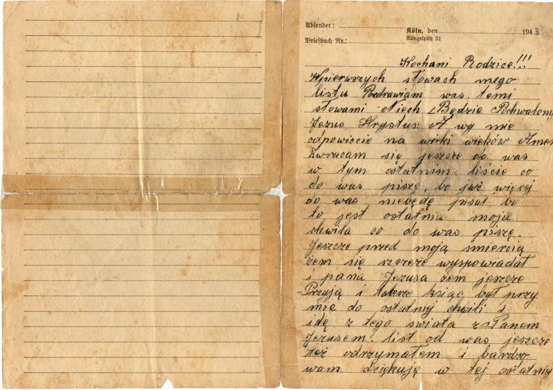 List pożegnalny ze zbiorów Sławomira Tyborskiego